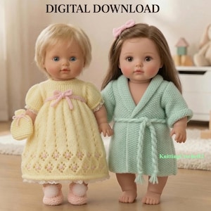 May include: Two dolls wearing knitted clothing. The left doll has blonde hair and wears a yellow dress with a pink bow and matching shoes. The right doll has brown hair and wears a light green knitted robe. Text reads: KNITTING PATTERNS FOR DOLLS 12-22 INCH DIGITAL DOWNLOAD.