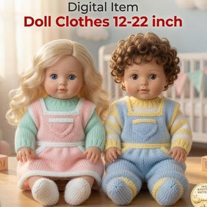 May include: Two dolls wearing hand-knitted outfits. The left doll has blonde hair and a pink and mint green dress. The right doll has brown curly hair and a blue and yellow striped overall set. Text reads: KNITTING PATTERNS Digital Item Doll Clothes 12-22 inch.