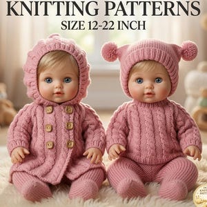 May include: Two dolls wearing matching dusty pink knitted outfits. The left doll wears a hooded cable-knit coat with four wooden buttons. The right doll wears a cable-knit sweater and a pom-pom hat. Text reads: DIGITAL PRODUCT KNITTING PATTERNS SIZE 12-22 INCH.