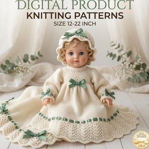 May include: A doll wearing a cream-coloured knitted dress and matching bonnet, both accented with sage green ribbons. The text reads DIGITAL PRODUCT KNITTING PATTERNS SIZE 12-22 INCH. The dress features a textured hem and long sleeves.