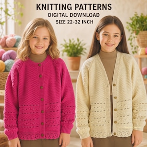 May include: Digital download knitting patterns for cardigans in sizes 22-32 inch. The image displays two long-sleeved button-down cardigans, one in bright pink and one in cream, both featuring a textured knit pattern and a ribbed crew neckline.