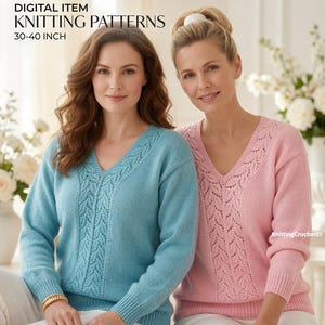 Vintage Lace V-Neck Sweater Knitting Pattern (30-40 Inch Bust) (Digital Download)