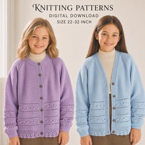 May include: Knitting patterns digital download size 22-32 inch. Two long-sleeved cardigans with a textured knit pattern, a button-down front, and a ribbed hem. One cardigan is light purple, and the other is light blue, both worn over a beige top.
