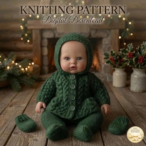 Könnte beinhalten: Eine Puppe in einem dunkelgrünen Strickset, bestehend aus einer Kapuzenjacke mit vier passenden Knöpfen, einer Hose und zwei Fäustlingen. Der Text KNITTING PATTERN Digital Download ist oben sichtbar, ein kleines Logo befindet sich unten.