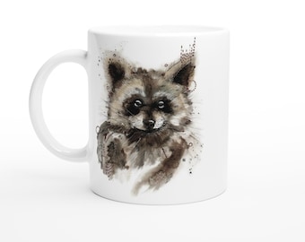 White ceramic mug with raccoon