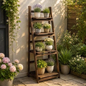 May include: A dark brown wooden ladder-style plant stand with four horizontal shelves. The stand holds various potted plants, including lavender, small green shrubs, and white flowering plants in ceramic and woven pots of different shapes.