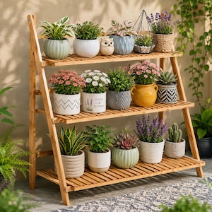 May include: A three-tiered bamboo plant stand holding various potted plants, including flowering daisies, lavender, succulents, and a small owl figurine. The stand features a slatted design with a light wood finish, displaying a collection of ceramic and woven pots.