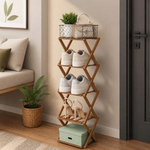 May include: A tall, folding bamboo shoe rack with an X-shaped frame featuring four shelves. The top shelf holds a wire basket with a small potted plant and a handbag. The lower shelves display two pairs of white trainers and one pair of heels.