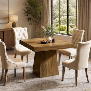 May include: A square wooden dining table with a thick top and a tapered pedestal base, surrounded by four upholstered dining chairs featuring tufted backrests and light beige fabric, arranged on a textured area rug in a bright room.