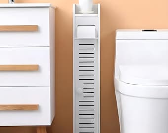 White Wooden Toilet Paper Holder Slim Bathroom Storage Cabinet