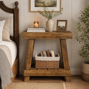 May include: A wooden console table with a rectangular top and a lower shelf. The table features angled legs and a medium brown wood grain finish. A woven basket with a light-coloured fabric liner sits on the lower shelf, holding several books.