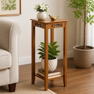 2 Tier Bamboo Plant Stand Tall Side Table Display Shelf Corner Potted Rack