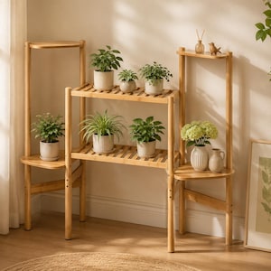 May include: A multi-tiered bamboo plant stand featuring a central two-shelf unit flanked by two taller side sections with additional shelves. The stand holds various potted green plants, a small ceramic bird figurine, and a glass vase.