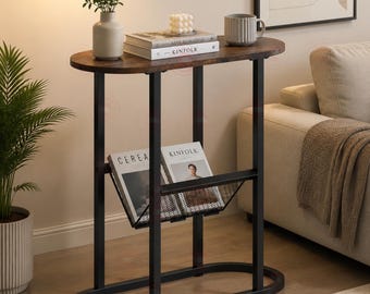 Oval End Table, Narrow Side Table, V-Shaped Magazine Rack, Modern Wooden Nightstand