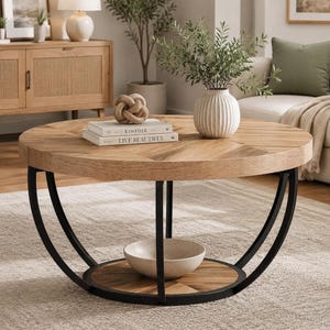 May include: A round coffee table with a light brown wood top featuring a chevron pattern and a lower circular shelf. The table is supported by a black metal frame with curved legs. On the top sit two books titled KINFOLK and LIVE BEAUTIFUL.