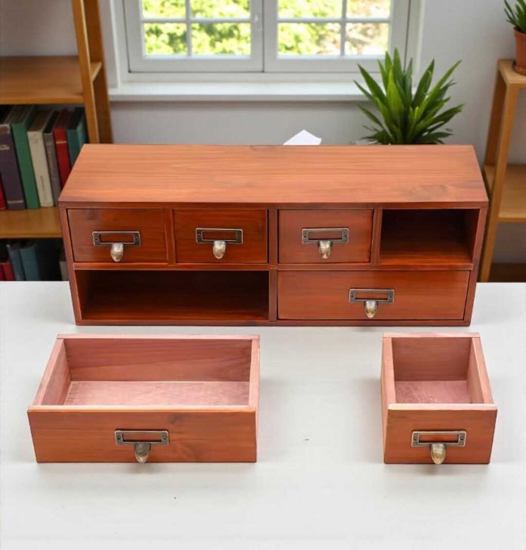 Retro Wooden Desk Organizer, 6-drawer Tabletop Storage Box for Jewelry ...
