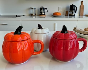 Taza de cerámica con forma de calabaza y tapa: acogedora taza de café invernal, 280 ml