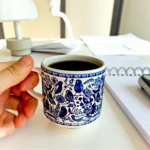 Blue and White Bird Ceramic Coffee Cup – Handcrafted Espresso cup -6.8 oz