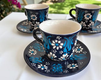 Handmade Ceramic Espresso Cup Set with Saucers –Blue White  Coffee Cups