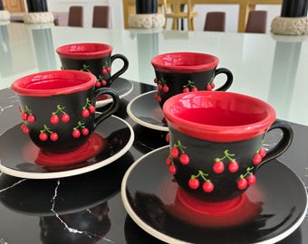 Handmade  Espresso Cup Set - 3 Oz - Cherry Ceramic Coffee Cups