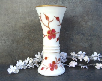 Rainbow Art Glass Opaline Tall Vase Hand Painted Dogwood Flowers, Ruby Gold Trim