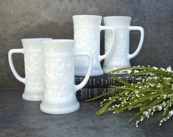 SALE! Milk Glass Beer Steins 4 Mugs, Best Man Toast Tankard Retro Wedding Vintage Bar Barware Tavern, White Decor, Groomsmen