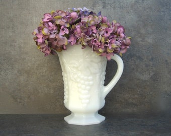 Milk Glass Pitcher White Wedding Decor, Grape Design, Bridal Shower, Retro Cottage Chic Minimalist