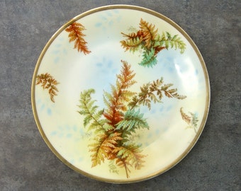 Antique Cabinet Plate Royal Rudolstadt Prussia, Woodland Fern Pattern Early 1900's, Hand Painted Gold Rim, Greens Earth Tones