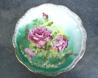 Vintage Cabinet Plate with Pink Roses, Green Transfer Ware, Three Crown China Germany, Shabby Chic Cottage Decor