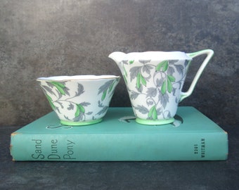 Vintage Creamer Sugar Grafton MCM Ashley Green Gray, Bone China England, Mid Century Deco Mix N Match Tea Party Bridal Shower