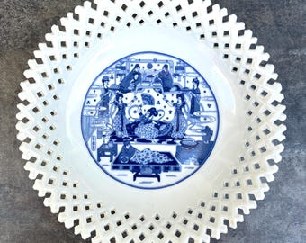 Blue and White Bowl Openwork Asian Decor Chinoiserie Table Centerpiece