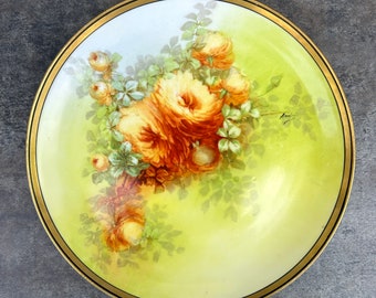 Limoges Cabinet Plate Signed Andre, Coronet Green Yellow Orange Gold Trim, Collection Wall Decor