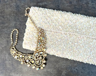 Vintage Evening Bag White Sequined Sparkly Wedding Clutch Holiday Parties, Beaded Opalescent Purse