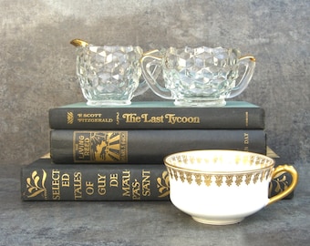 Vintage Fostoria American Cream and Sugar Set with Gold Trim, Mid Century Housewares, Clear Glass Serving Pieces, Tea Party