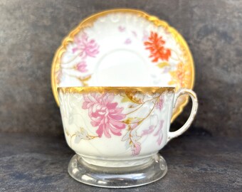 Limoges Cup and Saucer Vintage Teacup Gold Gilt, Chrysanthemums Pink Flowers, Antique Cottage Chic Mix and Match Tea Party