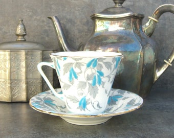 Vintage Teacup Gray Aqua Blue Royal Grafton Bone China England, Mid Century Deco Mix N Match Tea Party Bridal Shower Cup & Saucer