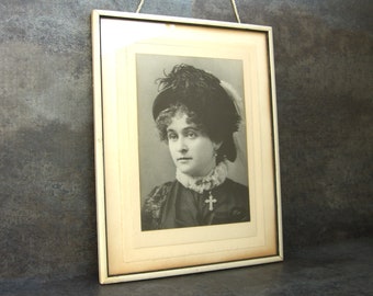 Antique Framed Photograph, Victorian Edwardian Woman Portrait, Ruffle Collar, Feather Hat