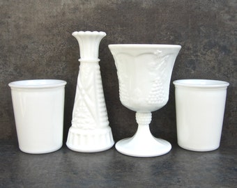 Vintage Milk Glass Vase Set, Goblet and Cups, Cottage Chic Decor