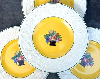 Wedgwood Patrician Plates Etruria England Embossed Border Yellow Flower Basket