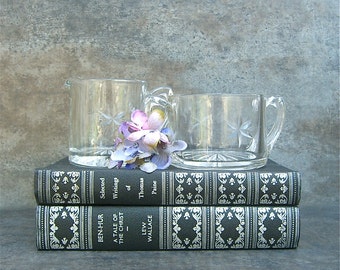 Mid Century Glass Cream and Sugar Bowl, Bridal Shower Tea Party, Retro Kitchen Cottage, Neutral Minimalist, Star Design