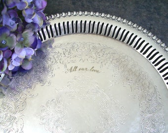 Small Silver Tray Wedding Buffet Serving Platter, Vintage Inscribed Silverplate, Wilcox Brandon Hall, Glam Bar