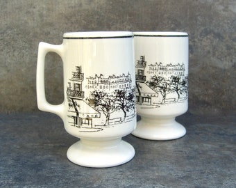2 Vintage Buffalo China Footed Mugs, Paris Street Scene France, Black and White Parisian Apartment, Irish Coffee