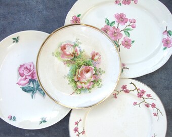 Mismatched Pink Plates, Vintage Dinner Plate Platter, Pink Roses Wall Decor, Mix and Match Dishes Shabby Chic Cottage Decor