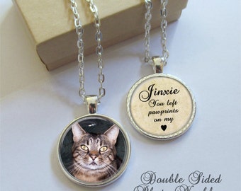 Pet Memorial Necklace, Double Sided Photo Pendant, Personalized Pawprints On My Heart
