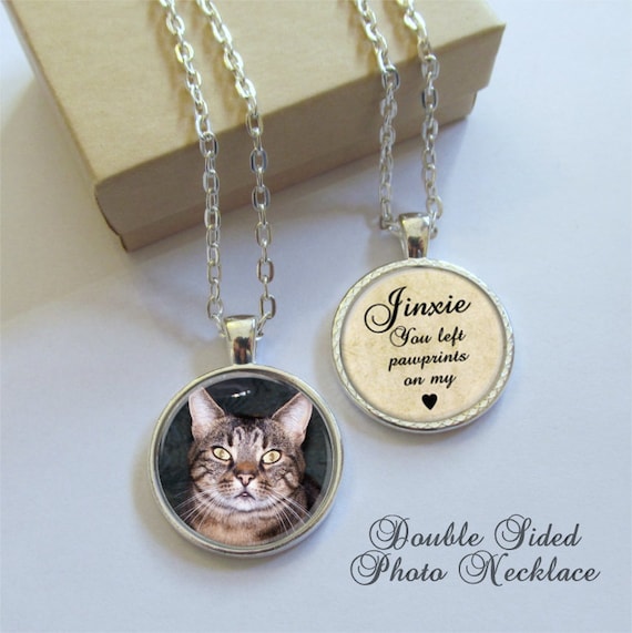 Pet Memorial Necklace, Double Sided Photo Pendant, Personalized Pawprints On My Heart