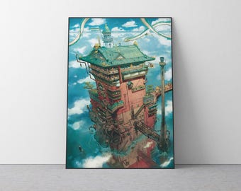 May include: A framed art print depicting a fantastical, multi-story building with a green tiled roof, set against a blue sky with clouds. The building is primarily red with intricate details, and a dragon-like creature is visible in the background.