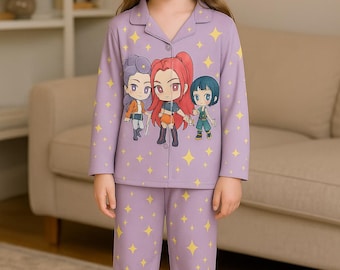 KPop Anime Satin Pajama Set – Silky Matching PJs, Kids & Adults, Demon-Hunter Inspired Loungewear, Cute Star Print Gift