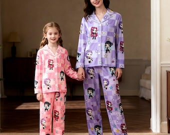 Pijama para mamá e hija inspirado en Demon Hunter de Kpop: pijamas de anime kawaii rosa y morado para niñas, ropa de estar familiar navideña a juego.