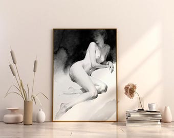 Impresión artística de acuarela de un desnudo reclinado en un estilo minimalista en blanco y negro (descarga digital)