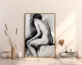 Impresión artística minimalista de acuarela de una figura femenina sentada (descarga digital)